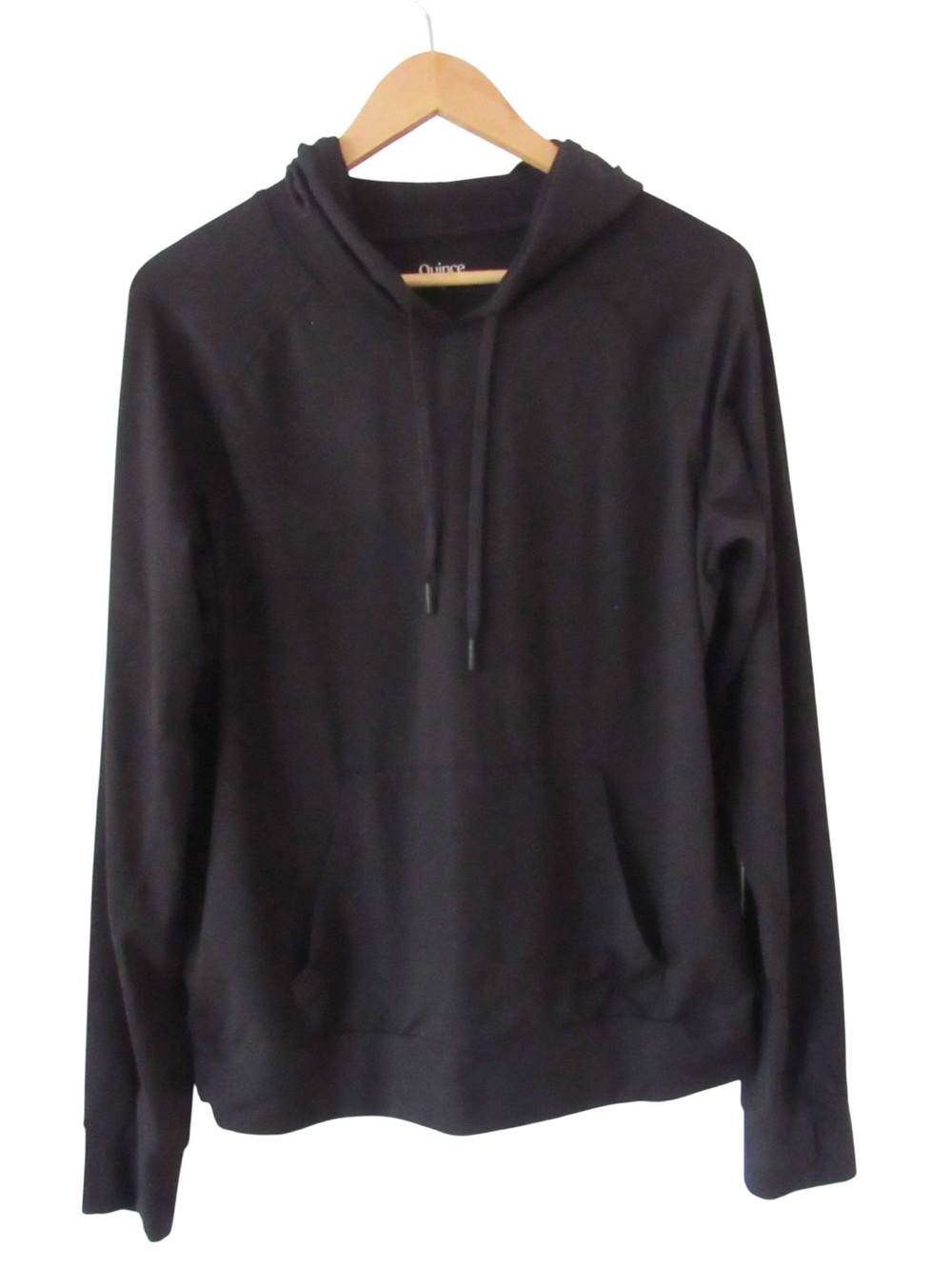 Quince Flowknit Pullover Hoodie Large Black Thumbholes Quick Dry Stretch Soft